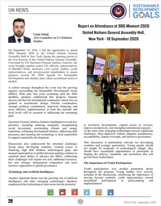 First page of the article Report on Attendance at SDG Moment 2026 by Umut Tutug in ATAA USA Magazine